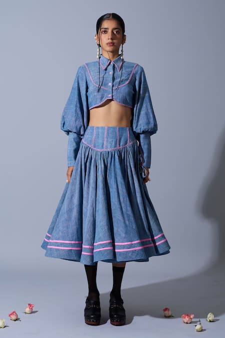 Quod_Blue Handloom Cotton, Linen Embroidery Collared, Button-down Mini Climber Top _at_Aza_Fashions