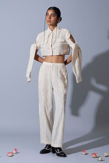 Shop_Quod_Off White Linen, Cotton Collared Cropped Tie-up Sleeves Shirt _Online_at_Aza_Fashions