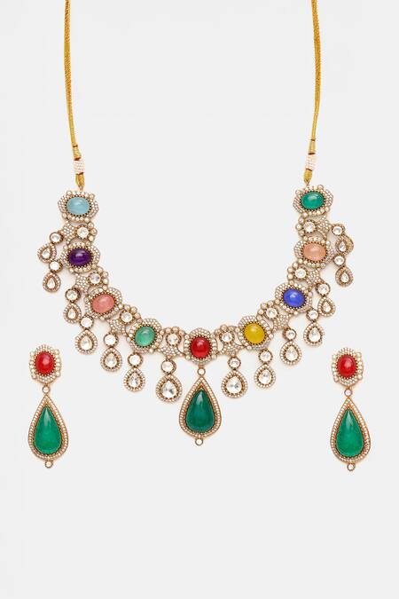 Shop Ruby Raang Multi Color Stones Kundan And Embellished Necklace Set Shop_Ruby Raang_Multi Color Stones Kundan And Embellished Necklace Set