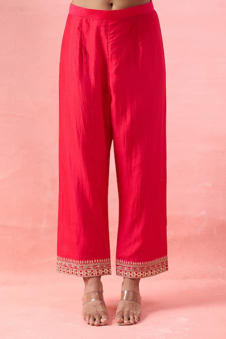 Buy_Surbhi Shah_Red Embroidery, Mirrors, Sequins, Tassels Split V-neck Phool Kurta Set _Online_at_Aza_Fashions