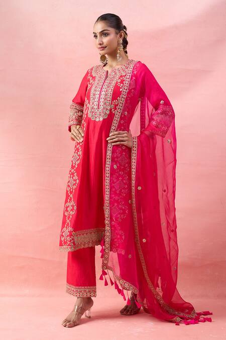 Shop_Surbhi Shah_Red Embroidery, Mirrors, Sequins, Tassels Split V-neck Phool Kurta Set _Online_at_Aza_Fashions