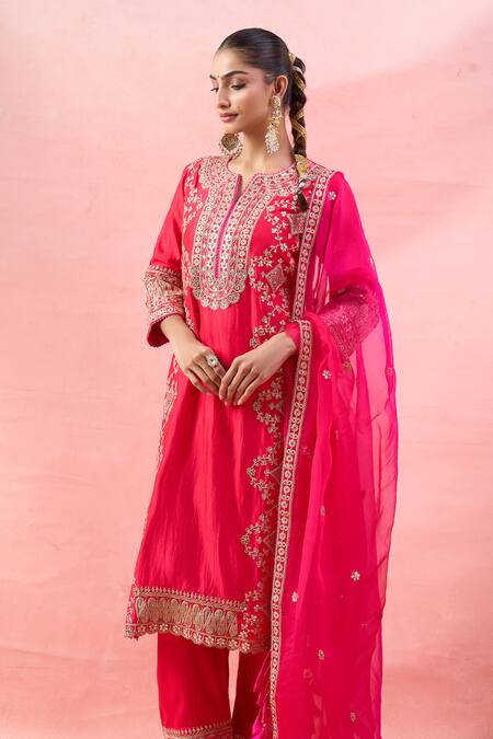 Buy_Surbhi Shah_Red Embroidery, Mirrors, Sequins, Tassels Split V-neck Phool Kurta Set 