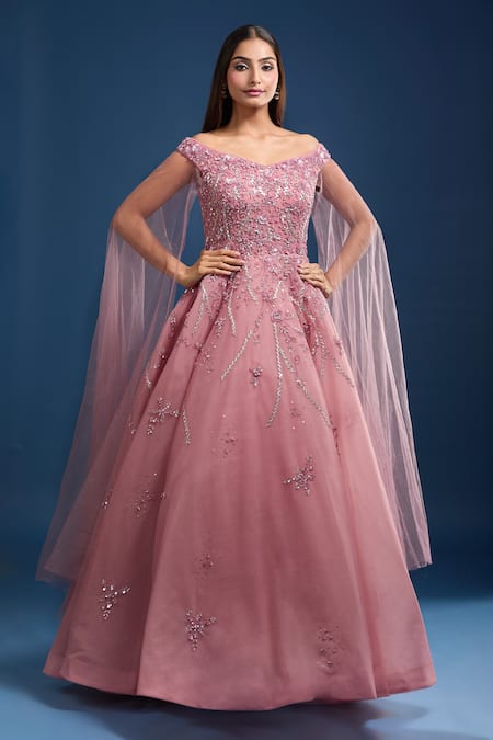 Samyukta Singhania Embroidered Off Shoulder Gown With Cape Sleeves 