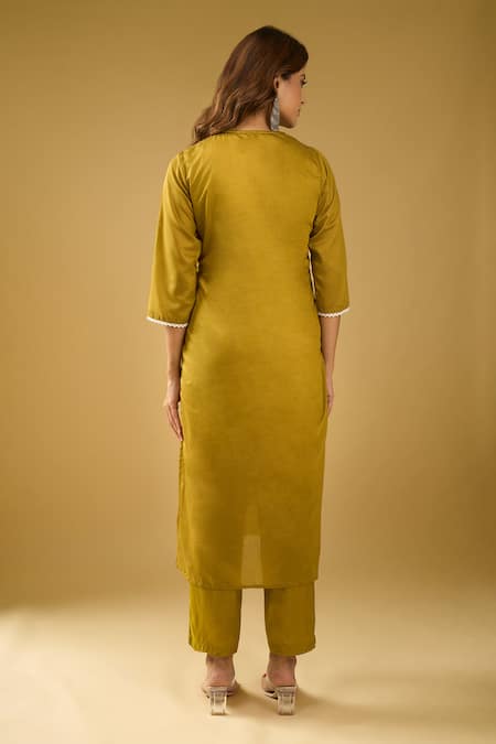 Shop_Naintara Bajaj_Olive Green Chanderi Silk, Shantoon, Kota Doria Chikankari Kurta Pant Set _at_Aza_Fashions