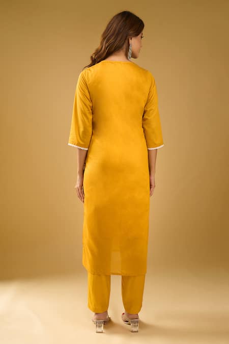 Shop_Naintara Bajaj_Mustard Chanderi Silk, Shantoon, Kota Doria Floral Chikankari Kurta Set _at_Aza_Fashions