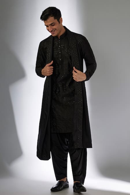 SALIL BHATIA Black Chanderi Silk, Modal, Satin Zari, Sequins Mahal Embellished Kurta Set 