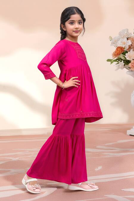 Shop Petite Pomme Magenta Rayon Embroidery, Metallic Thread Kurta With Sharara Online at Aza Fashions Shop_Petite Pomme_Magenta Rayon Embroidery, Metallic Thread Kurta With Sharara _Online_at_Aza_Fashions