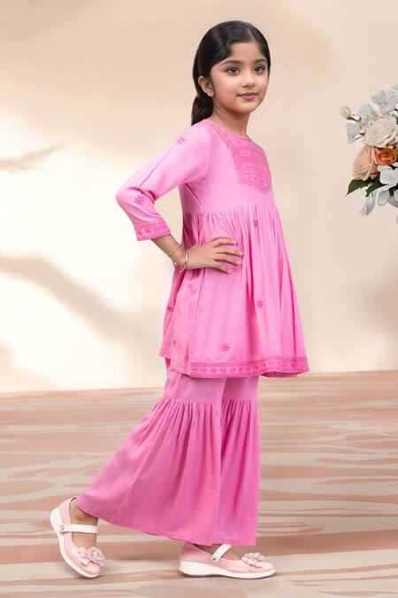 Buy Petite Pomme Pink Rayon Embroidery Kurta With Sharara Online at Aza Fashions Buy_Petite Pomme_Pink Rayon Embroidery Kurta With Sharara _Online_at_Aza_Fashions