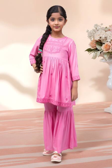 Shop Petite Pomme Pink Rayon Embroidery Kurta With Sharara Online at Aza Fashions Shop_Petite Pomme_Pink Rayon Embroidery Kurta With Sharara _Online_at_Aza_Fashions