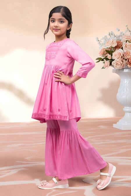 Petite Pomme Pink Rayon Embroidery Kurta With Sharara at Aza Fashions Petite Pomme_Pink Rayon Embroidery Kurta With Sharara _at_Aza_Fashions