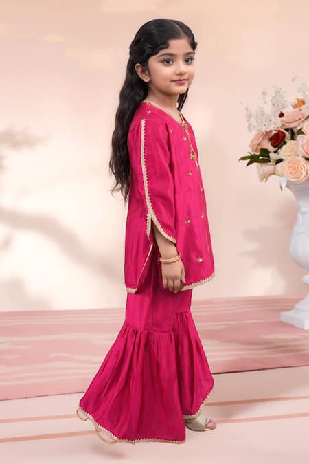 Petite Pomme Rose Gold Silk Embroidery, Metallic Thread, Lace Butti Work Kurta Sharara Set Online at Aza Fashions Petite Pomme_Rose Gold Silk Embroidery, Metallic Thread, Lace Butti Work Kurta Sharara Set _Online_at_Aza_Fashions