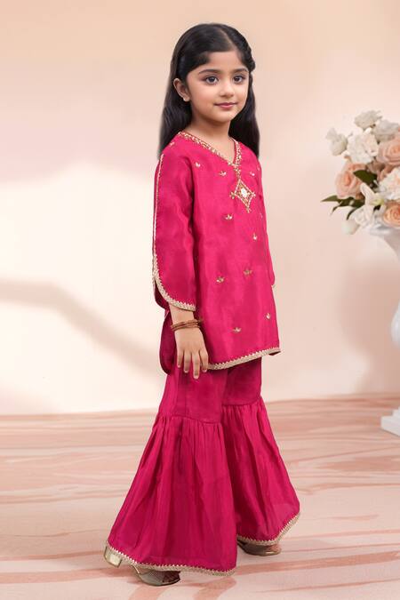 Shop Petite Pomme Rose Gold Silk Embroidery, Metallic Thread, Lace Butti Work Kurta Sharara Set Online at Aza Fashions Shop_Petite Pomme_Rose Gold Silk Embroidery, Metallic Thread, Lace Butti Work Kurta Sharara Set _Online_at_Aza_Fashions