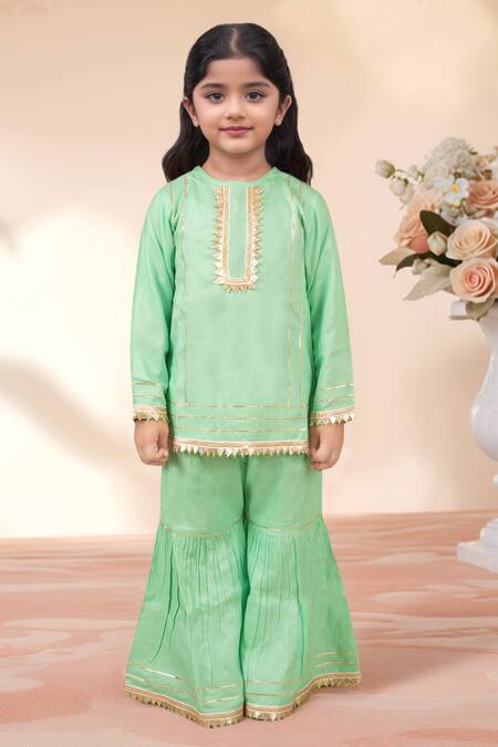 Shop_Petite Pomme_Green Rayon Gota Patti, Lace, Metallic Thread, Embroidered Kurta With Sharara _Online_at_Aza_Fashions