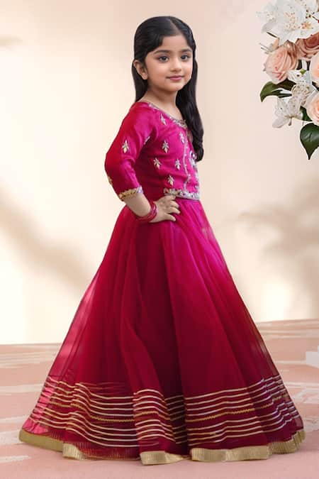 Buy_Petite Pomme_Magenta Net Gota Patti, Metallic Thread, Zari Work Lehenga With Blouse _Online_at_Aza_Fashions