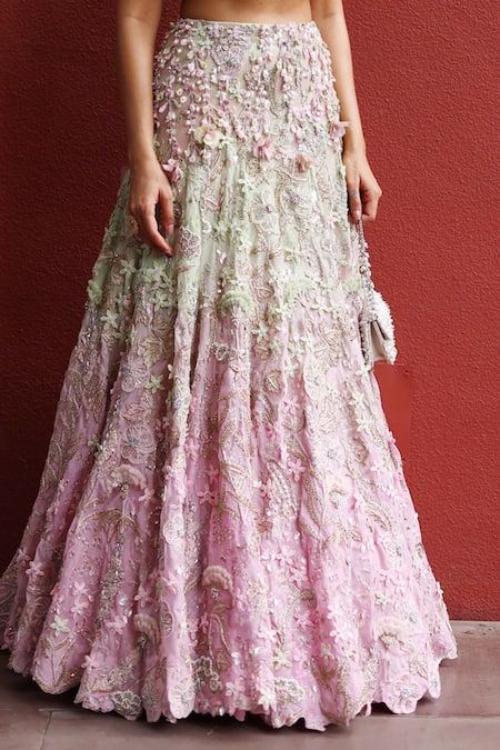 Buy_Moledro_Green Chiffon, Organza Sequins, Stones, Sakura Floral Lehenga And Blouse Set _Online_at_Aza_Fashions