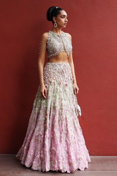 Shop_Moledro_Green Chiffon, Organza Sequins, Stones, Sakura Floral Lehenga And Blouse Set _Online_at_Aza_Fashions