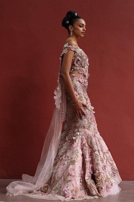 Moledro_Pink Tissue Sequins, Embroidery, Fabric Lila Floral Blouse With Lehenga _Online_at_Aza_Fashions