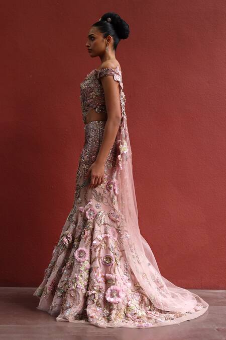 Shop_Moledro_Pink Tissue Sequins, Embroidery, Fabric Lila Floral Blouse With Lehenga _Online_at_Aza_Fashions