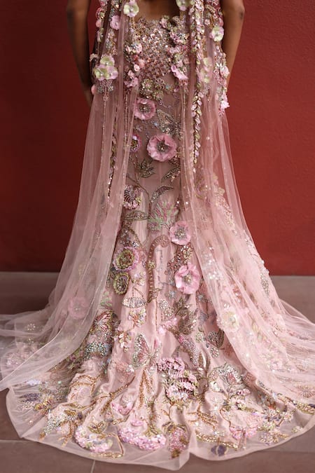 Moledro_Pink Tissue Sequins, Embroidery, Fabric Lila Floral Blouse With Lehenga _at_Aza_Fashions