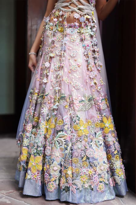 Moledro_Pink Organza Sequins, Beads, Embroidery, Zari Sora Floral Blouse With Lehenga _Online_at_Aza_Fashions