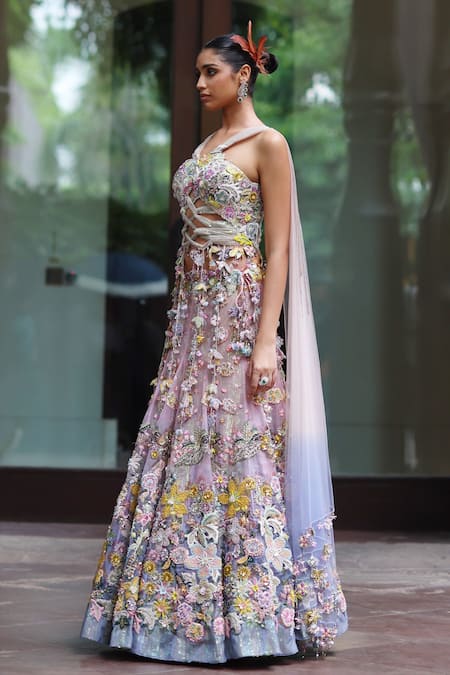 Buy_Moledro_Pink Organza Sequins, Beads, Embroidery, Zari Sora Floral Blouse With Lehenga _Online_at_Aza_Fashions