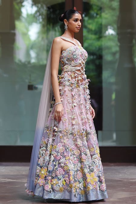 Shop_Moledro_Pink Organza Sequins, Beads, Embroidery, Zari Sora Floral Blouse With Lehenga _Online_at_Aza_Fashions