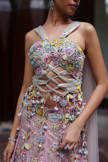Moledro_Pink Organza Sequins, Beads, Embroidery, Zari Sora Floral Blouse With Lehenga _at_Aza_Fashions
