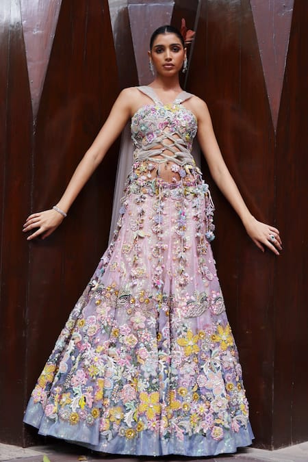 Buy_Moledro_Pink Organza Sequins, Beads, Embroidery, Zari Sora Floral Blouse With Lehenga 