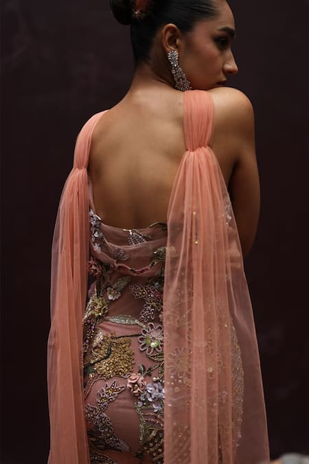 Moledro_Peach Net Embroidery, Sequins, Beads, Cut Work Bandeau Neck Gardenia Gown _Online_at_Aza_Fashions
