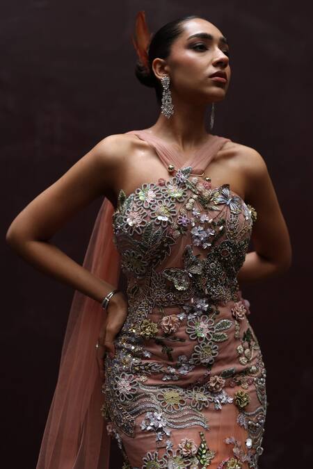 Buy_Moledro_Peach Net Embroidery, Sequins, Beads, Cut Work Bandeau Neck Gardenia Gown _Online_at_Aza_Fashions