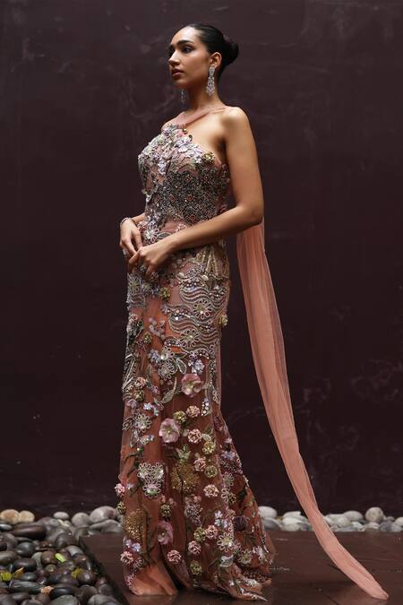 Shop_Moledro_Peach Net Embroidery, Sequins, Beads, Cut Work Bandeau Neck Gardenia Gown _Online_at_Aza_Fashions