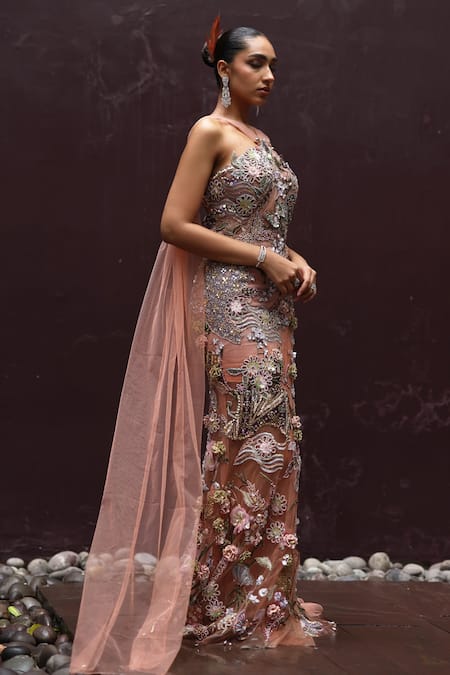 Moledro_Peach Net Embroidery, Sequins, Beads, Cut Work Bandeau Neck Gardenia Gown _at_Aza_Fashions