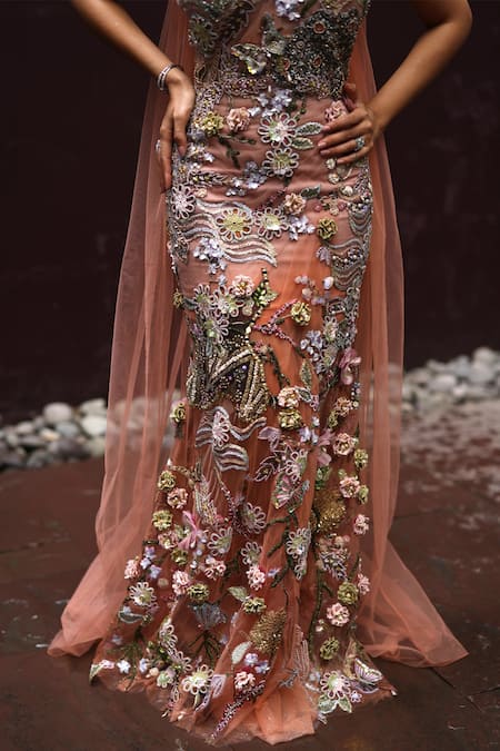 Buy_Moledro_Peach Net Embroidery, Sequins, Beads, Cut Work Bandeau Neck Gardenia Gown 