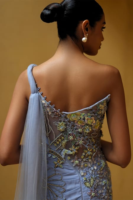 Shop Moledro Blue Net, Chiffon Sequins, Beads, Mirrors One Mirae Embroidered Draped Gown Online at Aza Fashions Shop_Moledro_Blue Net, Chiffon Sequins, Beads, Mirrors One Mirae Embroidered Draped Gown _Online_at_Aza_Fashions