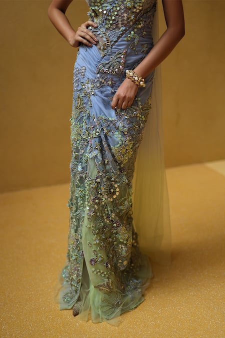 Moledro Blue Net, Chiffon Sequins, Beads, Mirrors One Mirae Embroidered Draped Gown at Aza Fashions Moledro_Blue Net, Chiffon Sequins, Beads, Mirrors One Mirae Embroidered Draped Gown _at_Aza_Fashions