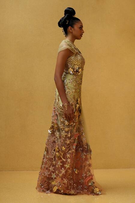 Moledro_Beige Net Sequins, Beads, Embroidery, Metallic Thread Oraya Crochet Dress _Online_at_Aza_Fashions