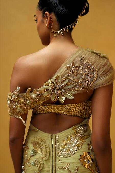 Buy_Moledro_Beige Net Sequins, Beads, Embroidery, Metallic Thread Oraya Crochet Dress _Online_at_Aza_Fashions