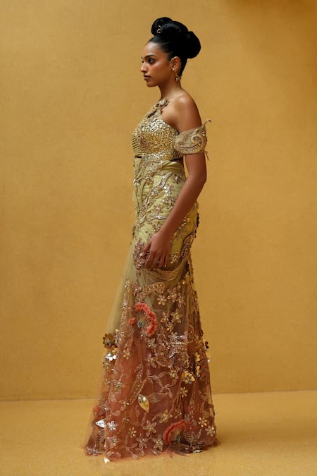 Shop_Moledro_Beige Net Sequins, Beads, Embroidery, Metallic Thread Oraya Crochet Dress _Online_at_Aza_Fashions