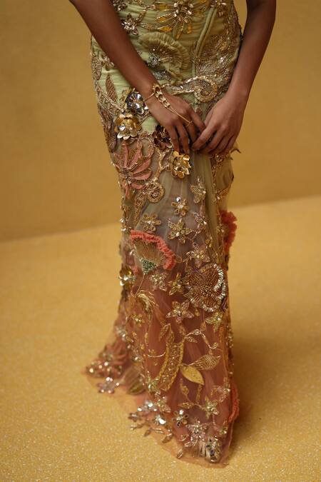 Moledro_Beige Net Sequins, Beads, Embroidery, Metallic Thread Oraya Crochet Dress _at_Aza_Fashions