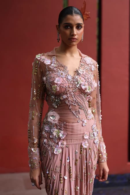 Moledro_Peach Net, Georgette Sequins, Beads, Fabric Flowers Chaya Embroidered Dress _Online_at_Aza_Fashions