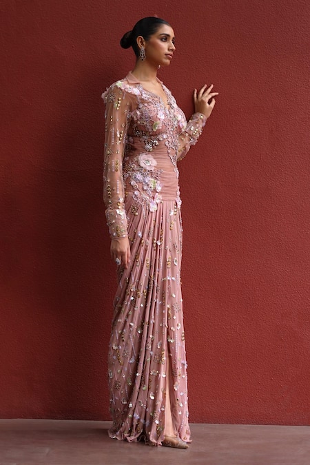 Buy_Moledro_Peach Net, Georgette Sequins, Beads, Fabric Flowers Chaya Embroidered Dress _Online_at_Aza_Fashions