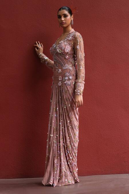 Shop_Moledro_Peach Net, Georgette Sequins, Beads, Fabric Flowers Chaya Embroidered Dress _Online_at_Aza_Fashions