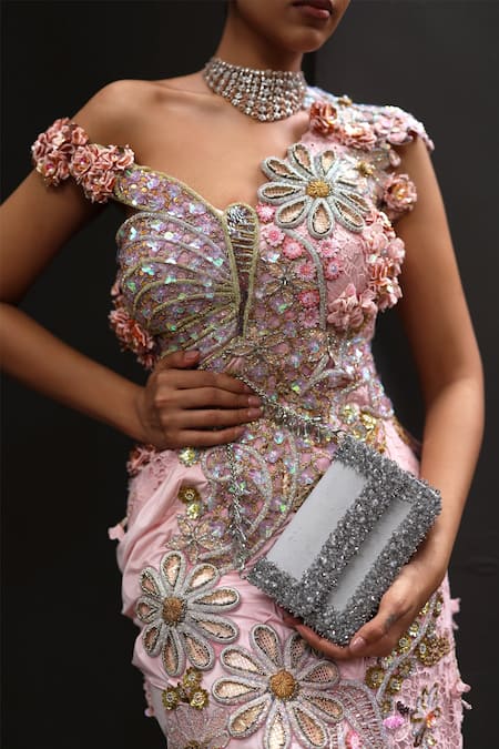 Moledro_Pink Lycra, Net Sequins, Beads, Solai Embellished Butterfly Embroidered Gown _Online_at_Aza_Fashions