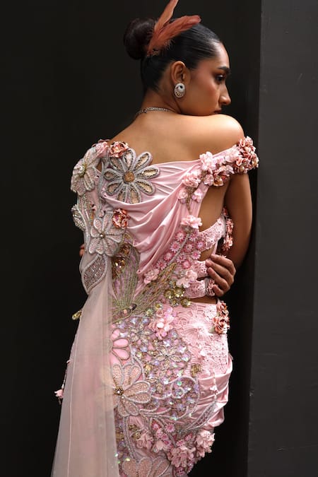Moledro_Pink Lycra, Net Sequins, Beads, Solai Embellished Butterfly Embroidered Gown _at_Aza_Fashions