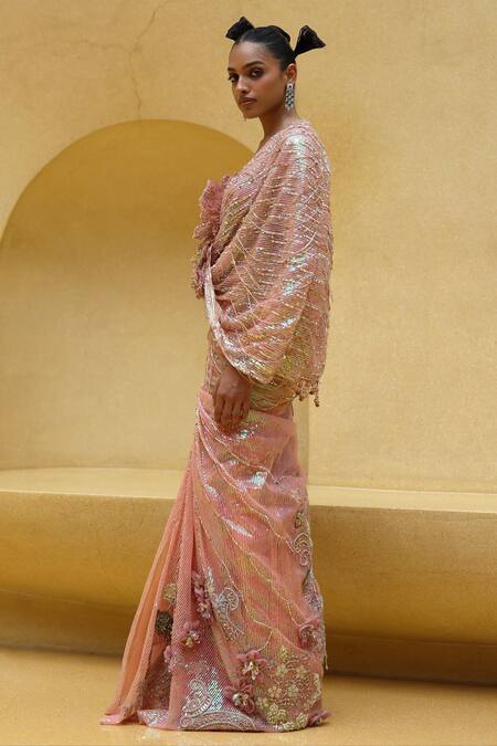 Moledro_Peach Net, Polyester Sequins, Embroidery, Ambrose Cape Blouse With Draped Skirt _Online_at_Aza_Fashions