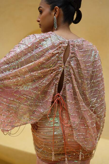 Shop_Moledro_Peach Net, Polyester Sequins, Embroidery, Ambrose Cape Blouse With Draped Skirt _Online_at_Aza_Fashions