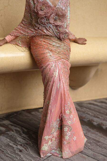 Moledro_Peach Net, Polyester Sequins, Embroidery, Ambrose Cape Blouse With Draped Skirt _at_Aza_Fashions