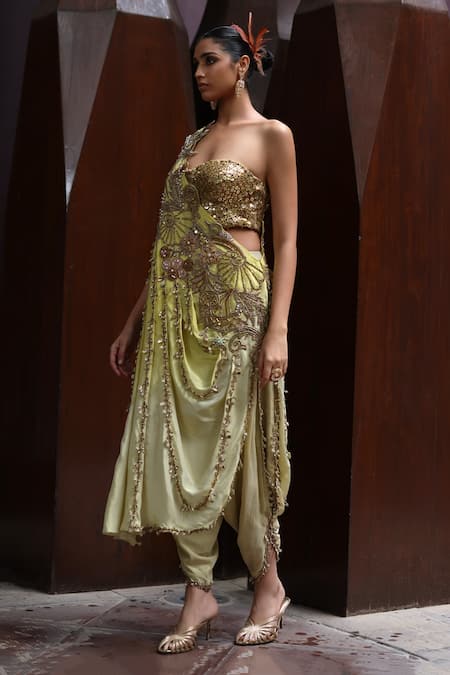 Buy_Moledro_Yellow Tissue Sequins, Beads, Embroidery One Osa Draped Cape Tulip Pant Set _Online_at_Aza_Fashions