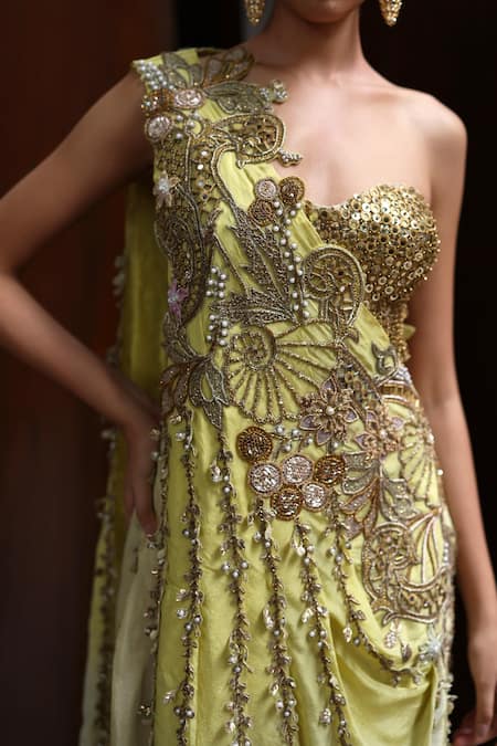 Moledro_Yellow Tissue Sequins, Beads, Embroidery One Osa Draped Cape Tulip Pant Set _at_Aza_Fashions