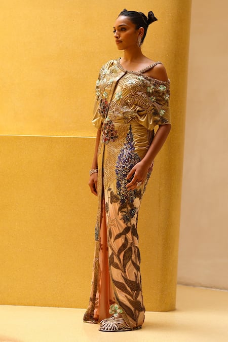Buy_Moledro_Multi Color Lycra Beads, Sequins, Stones, Embroidery Amani Draped Dress _Online_at_Aza_Fashions